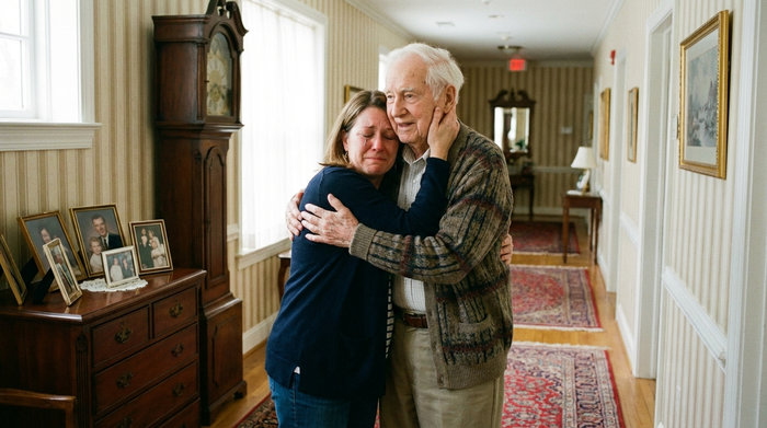 Eine herzliche Umarmung zwischen einer erwachsenen Tochter und ihrem demenzkranken Vater im Flur einer gepflegten Senioreneinrichtung. Der Flur ist mit nostalgischen Elementen wie einer alten Standuhr und warmen Holzmöbeln dekoriert.