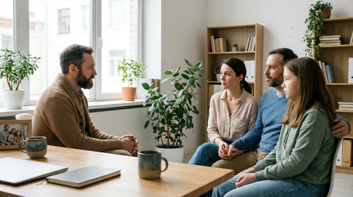Ein freundlicher männlicher Sozialarbeiter in einem hellen Büro, der einer besorgten Familie aufmerksam zuhört. Aufgeräumter Schreibtisch mit Kaffeetassen, warme und professionelle Umgebung. Realistische Fotografie, hohe Qualität.