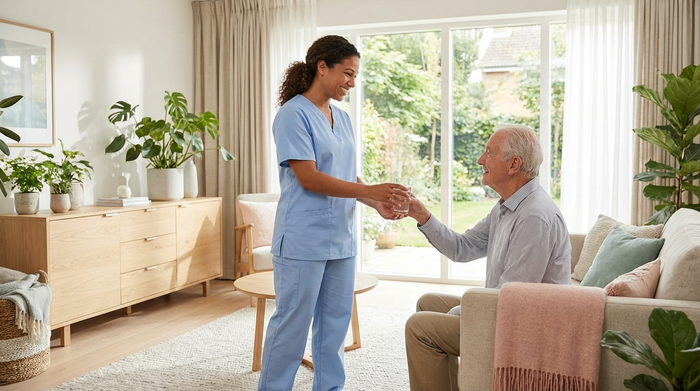 Eine freundliche Pflegekraft in hellblauer Berufskleidung reicht einem älteren Herrn ein Glas Wasser in einem modernen, lichtdurchfluteten Pflegezimmer. Gemütliche Einrichtung mit Pflanzen und hellen Holzmöbeln. Empathische und ruhige Stimmung.