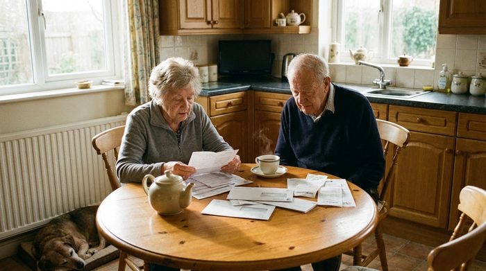 Ein älteres Ehepaar sitzt gemeinsam an einem runden Holztisch in ihrer Küche und sortiert konzentriert verschiedene Papiere. Eine Tasse Tee steht daneben. Friedliche, alltägliche Szene mit weichem Tageslicht.