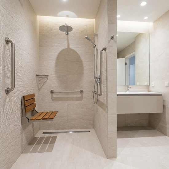 Ein modernes, barrierefreies Badezimmer mit einer großzügigen, bodengleichen Dusche. Helle Fliesen, ein klappbarer Duschsitz und stabile Haltegriffe an den Wänden. Sauber, sicher und elegant gestaltet.