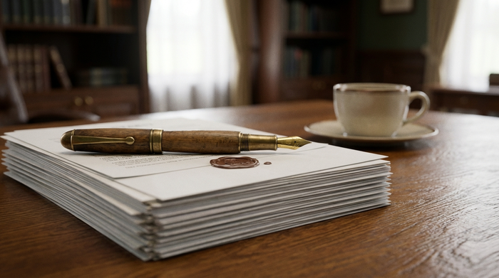 Ein eleganter Füllfederhalter liegt auf einem dicken, ordentlichen Stapel von wichtigen Dokumenten auf einem edlen Holzschreibtisch. Im Hintergrund ist eine verschwommene Kaffeetasse zu sehen. Seriöse und ruhige Büroatmosphäre.