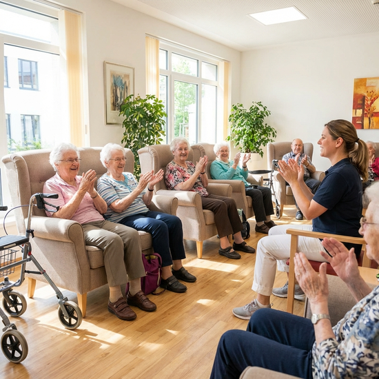 Mehrere Senioren sitzen in einer gemütlichen Runde in hellen Sesseln zusammen und klatschen fröhlich in die Hände. Eine Betreuerin leitet eine leichte Sitzgymnastik an. Sonnenlicht erhellt den sauberen Raum.