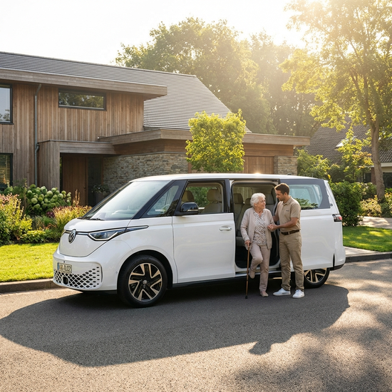 Ein moderner, weißer Kleinbus mit geöffneter Schiebetür steht an einem sonnigen Morgen vor einem gepflegten Einfamilienhaus. Ein freundlicher Fahrer hilft einer älteren Dame behutsam beim Einsteigen.