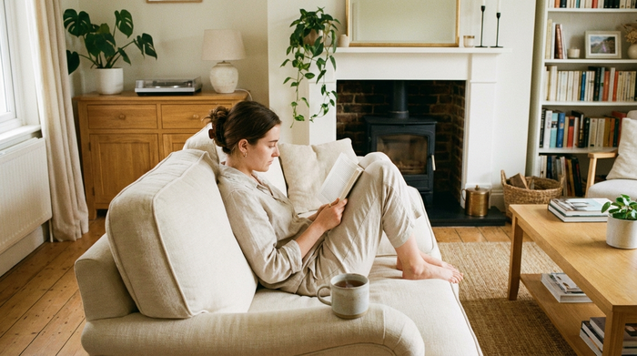 Eine entspannte junge Frau sitzt auf einem bequemen Sofa in ihrem aufgeräumten Wohnzimmer und liest in Ruhe ein Buch, während sie eine Tasse Tee genießt. Der Raum strahlt absolute Ruhe und Gemütlichkeit aus.