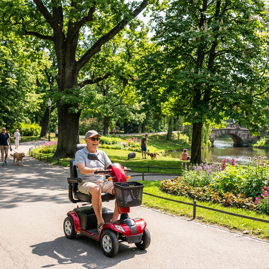 Ein rüstiger Senior fährt an einem sonnigen Tag mit einem modernen, roten Elektromobil durch einen grünen Park mit großen Bäumen und befestigten Wegen.