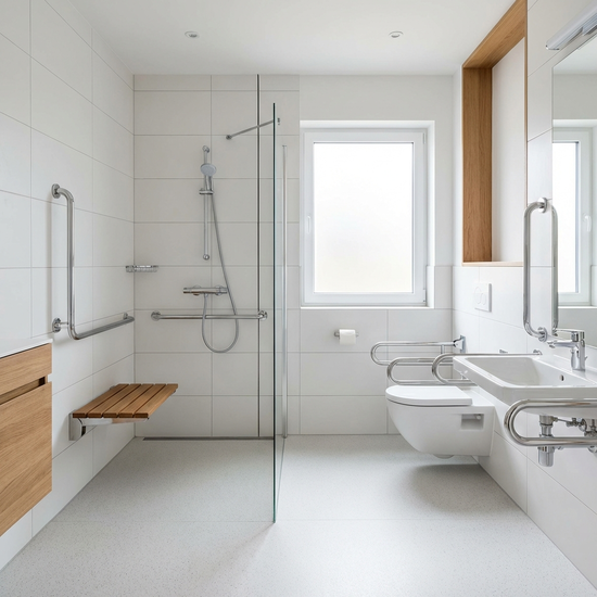 Ein helles, barrierefreies Badezimmer mit einer bodengleichen Dusche, einem Duschsitz und stabilen Haltegriffen an den Wänden. Alles wirkt sehr sauber, sicher und modern eingerichtet.