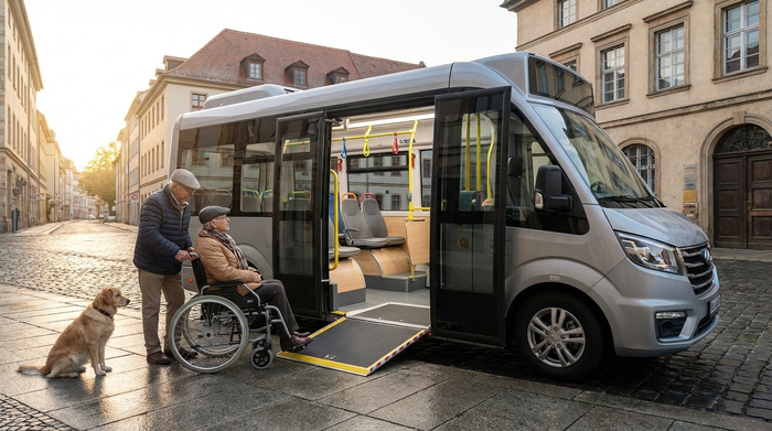 Ein moderner, barrierefreier Kleinbus mit geöffneter Schiebetür steht an einem Bürgersteig. Im hellen Innenraum sind bequeme Sitze und Haltegriffe zu sehen. Friedliche Morgenstimmung in einer städtischen Umgebung.