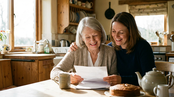 Eine ältere Dame sitzt entspannt mit ihrer Tochter am Küchentisch und betrachtet lächelnd einige Dokumente. Eine Kaffeetasse steht auf dem Tisch, warme und positive Atmosphäre in einem gemütlichen Zuhause.