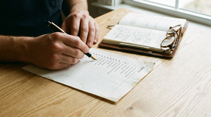 Eine Nahaufnahme von Händen, die mit einem eleganten Stift Punkte auf einer gedruckten Liste abhaken. Ein Notizbuch und eine Brille liegen auf einem hellen Holztisch.