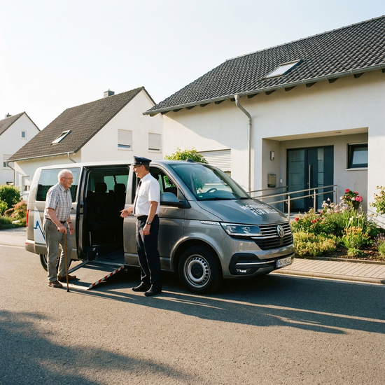 Ein moderner, rollstuhlgerechter Kleinbus hält an einem sonnigen Morgen vor einem gepflegten Einfamilienhaus. Ein älterer Herr mit Gehstock wird von einem hilfsbereiten Fahrer freundlich begrüßt.