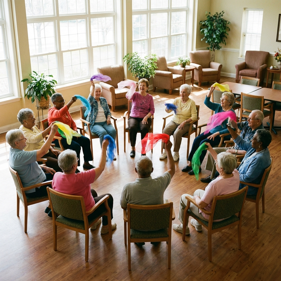 Eine Gruppe von fröhlichen Senioren sitzt in einem hellen Raum im Stuhlkreis und macht gemeinsam leichte Gymnastik mit bunten Tüchern.