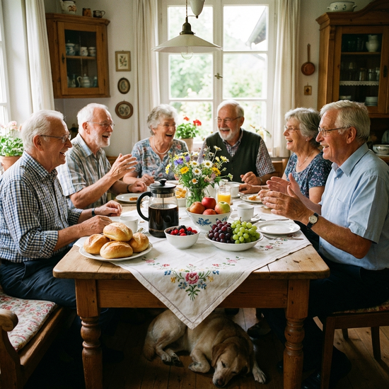 Ein liebevoll gedeckter Esstisch mit frischen Brötchen, Kaffee und Obst. Mehrere ältere Menschen sitzen zusammen, lachen und unterhalten sich angeregt beim gemeinsamen Frühstück.