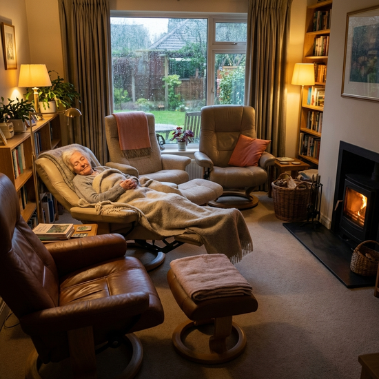 Ein gemütlicher Ruheraum mit bequemen, verstellbaren Sesseln und gedimmtem Licht. Eine ältere Dame ruht sich entspannt aus, eingekuschelt in eine weiche Decke.