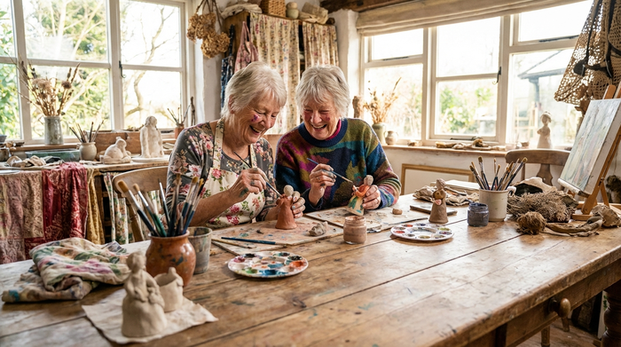 Zwei Seniorinnen bemalen konzentriert und mit Freude kleine Tonfiguren an einem großen Holztisch, umgeben von Bastelmaterialien in einem lichtdurchfluteten Raum.