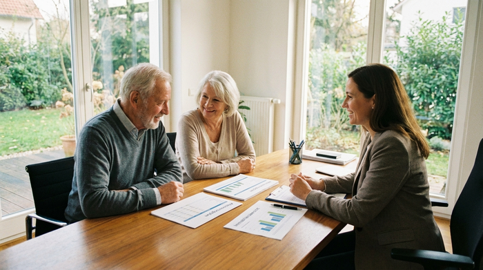 Ein älteres Ehepaar sitzt gemeinsam mit einer Beraterin an einem Schreibtisch und schaut entspannt auf übersichtliche Dokumente in einer hellen Büroumgebung.