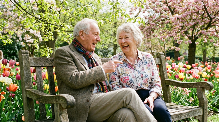 Ein älteres Ehepaar sitzt entspannt auf einer Parkbank im Grünen und unterhält sich angeregt. Beide wirken glücklich und unbeschwert. Frühlingshaftes Wetter, leuchtende Farben, realistische Fotografie.