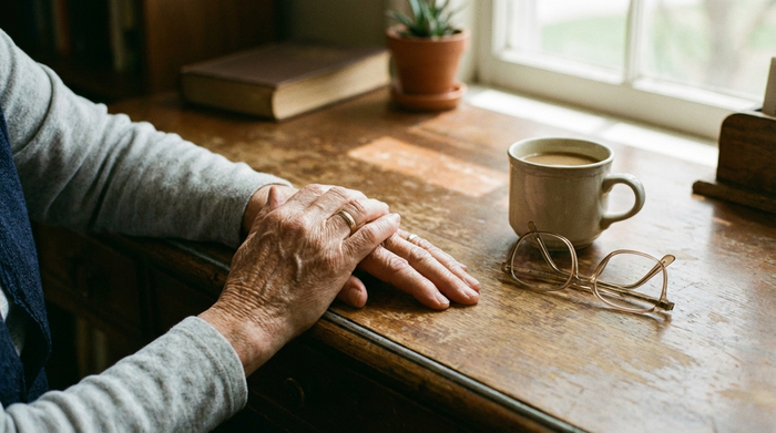 Nahaufnahme von Händen einer älteren Person, die entspannt auf einem hölzernen Schreibtisch liegen, daneben eine Tasse Kaffee und eine Brille. Ruhige und geordnete Stimmung, keine lesbaren Dokumente.