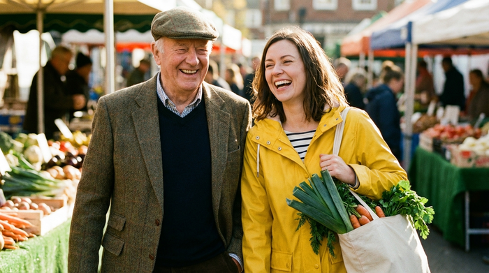 Ein älterer Herr geht gemeinsam mit einer jüngeren Alltagsbegleiterin über einen sonnigen Wochenmarkt. Sie trägt eine Stofftasche mit frischem Gemüse. Beide lachen, im Hintergrund unscharfe Marktstände.