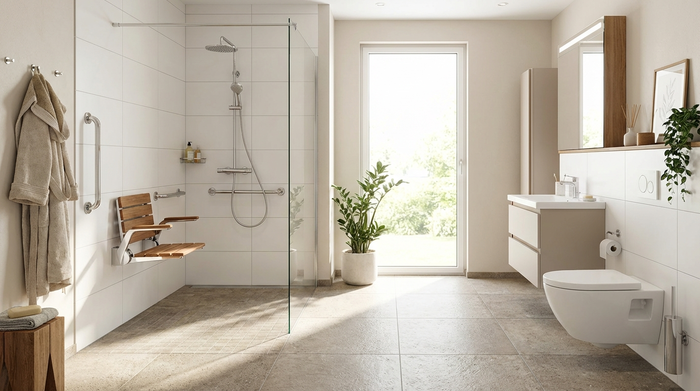Ein modernes, helles Badezimmer mit einer bodengleichen Dusche und einem eleganten, sicheren Duschsitz an der Wand. Sauber, rutschfeste Fliesen, komfortable Umgebung für Senioren.