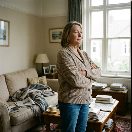 Eine ältere Frau steht nachdenklich in ihrem Wohnzimmer, während im Hintergrund leichte Unordnung herrscht. Die Szene wirkt realistisch und gut ausgeleuchtet, die Frau trägt bequeme Alltagskleidung.
