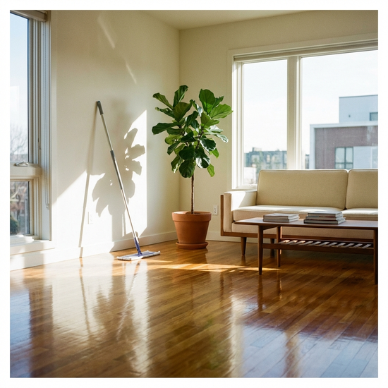Ein sauberer, glänzender Parkettboden in einem sonnendurchfluteten, aufgeräumten Wohnzimmer. Ein Wischmopp lehnt ordentlich in der Ecke neben einer großen Zimmerpflanze.