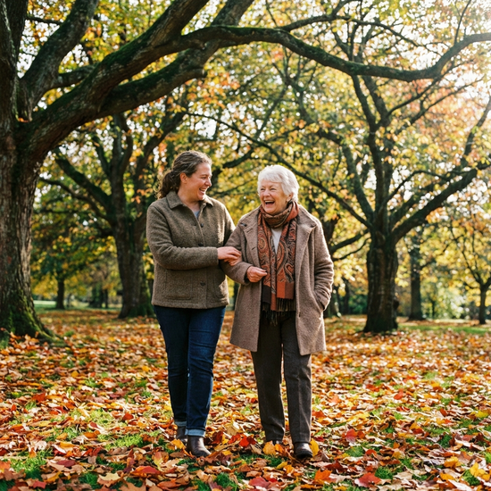 Eine empathische Betreuungskraft stützt eine Seniorin behutsam beim Spaziergang durch einen herbstlichen Park. Beide lachen herzlich miteinander, umgeben von bunten Blättern und großen Bäumen.
