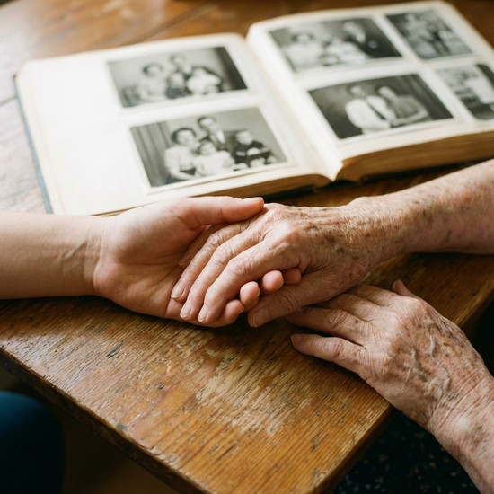 Zwei Hände, eine jung und eine alt, halten sich vertrauensvoll auf einem Holztisch. Im unscharfen Hintergrund liegt ein aufgeschlagenes Fotoalbum mit alten Schwarz-Weiß-Bildern.