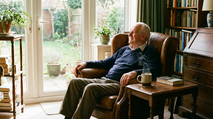 Ein älterer Herr sitzt tiefenentspannt in seinem gemütlichen Ohrensessel und schaut zufrieden aus dem Fenster. Auf dem kleinen Beistelltisch daneben dampft eine frische Tasse Kaffee.