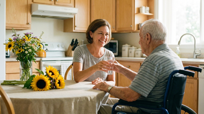 Eine engagierte Betreuungskraft reicht einem älteren Herrn liebevoll ein Glas Wasser in einer gepflegten Küche. Im Hintergrund sind frische Blumen und eine helle Einrichtung zu sehen. Authentische Alltagssituation, warmes Licht.
