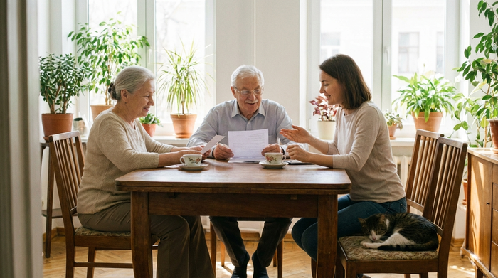 Ein älteres Ehepaar sitzt mit ihrer Tochter am Esstisch und schaut entspannt auf einige Dokumente. Die Atmosphäre ist ruhig und klärend. Helles Esszimmer mit Pflanzen im Hintergrund. Keine lesbaren Texte auf den Papieren.