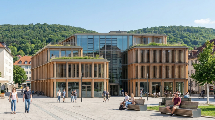 Außenansicht eines modernen, einladenden städtischen Gebäudes in Jena an einem sonnigen Tag. Menschen gehen entspannt über den Vorplatz. Im Hintergrund leichte Hügellandschaft. Klare, realistische Architekturfotografie ohne Schilder.