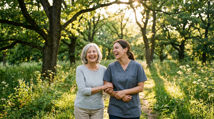 Zwei Frauen, eine jüngere Pflegekraft und eine Seniorin, spazieren fröhlich durch einen grünen Park mit alten Bäumen. Die Sonne scheint durch die Blätter. Sie haken sich unter und lachen. Friedliche und harmonische Stimmung.