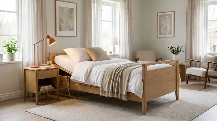 Ein sauberes, modernes Pflegebett steht in einem hellen, freundlich eingerichteten Schlafzimmer. Hochwertige Holzoptik, gemütliche weiße Bettwäsche und ein Nachttisch mit einer Leselampe schaffen eine wohnliche, beruhigende Atmosphäre. Realistische Fotografie, gut ausgeleuchtet, ohne medizinisch kühl zu wirken.