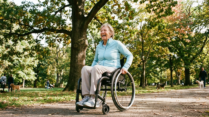 Eine aktive ältere Dame fährt in einem leichten, modernen Rollstuhl durch einen sonnigen Park mit großen grünen Bäumen. Sie trägt eine leichte Übergangsjacke, lächelt entspannt und wirkt fröhlich. Realistische Fotografie, natürliche Beleuchtung, Fokus auf Mobilität und Lebensfreude im Freien.
