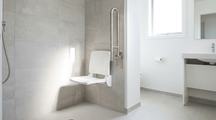 Ein helles, barrierefreies Badezimmer mit einer bodengleichen Dusche und einem sicheren, weißen Duschklappsitz an der gefliesten Wand. Ein stabiler Haltegriff aus gebürstetem Edelstahl sorgt für zusätzliche Sicherheit. Sauberes, modernes Design, realistische Fotografie.