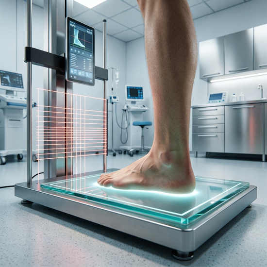 Nahaufnahme eines orthopädischen Fußscans in einem modernen Sanitätshaus. Ein Fuß steht auf einer beleuchteten Glasplatte, umgeben von digitaler Messtechnik. Realistisches medizinisches Umfeld, saubere Beleuchtung, ohne Text.
