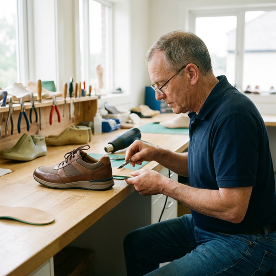 Ein Orthopädietechniker passt eine maßgefertigte weiche Einlage sorgfältig in einen bequemen, modernen Seniorenschuh ein. Helle Werkstattumgebung, Fokus auf handwerkliche Präzision.