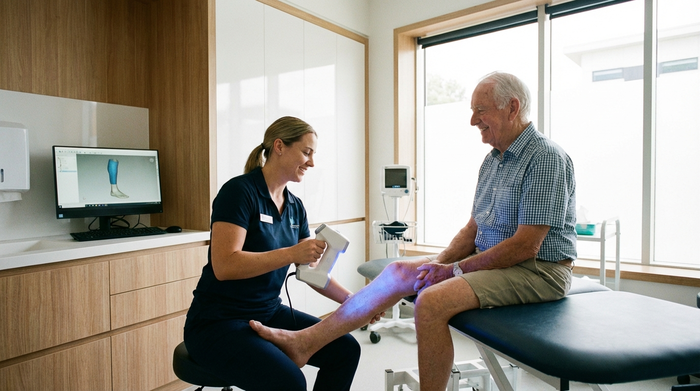 Ein Orthopädietechniker vermisst am Vormittag schonend das Bein eines älteren Herrn mit einem berührungslosen 3D-Scanner. Helles, modernes Behandlungszimmer, freundliche Interaktion, professionelle Atmosphäre.