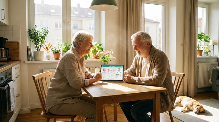 Ein älteres Ehepaar sitzt entspannt am Küchentisch in einer hellen Wohnung und betrachtet ein digitales Tablet, das eine Gesundheits-App zeigt. Fröhliche Stimmung, Sonnenlicht fällt durch das Fenster.