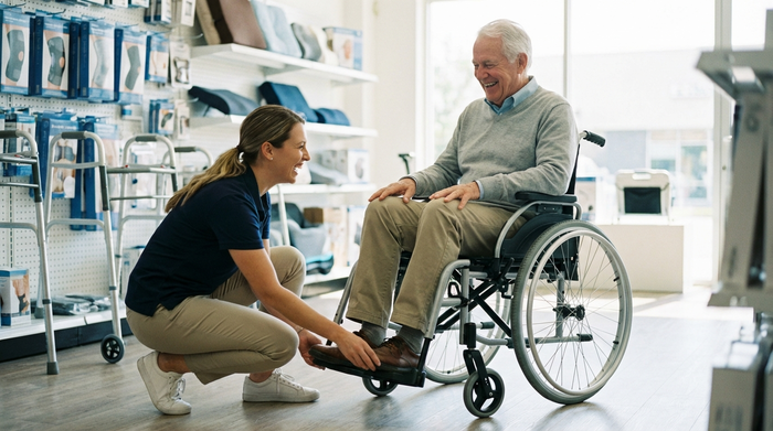 Eine freundliche Sanitätshaus-Mitarbeiterin passt einem lächelnden Senior einen modernen Rollstuhl an. Helle, professionelle Umgebung, im Hintergrund unscharfe Regale mit Gesundheitsprodukten. Kein Text.