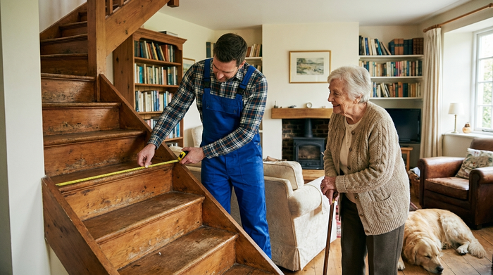 Ein Techniker in sauberer Arbeitskleidung misst mit einem Maßband eine Holztreppe in einem gemütlichen Einfamilienhaus aus, während eine ältere Dame interessiert zuschaut. Realistische, warme Wohnatmosphäre.
