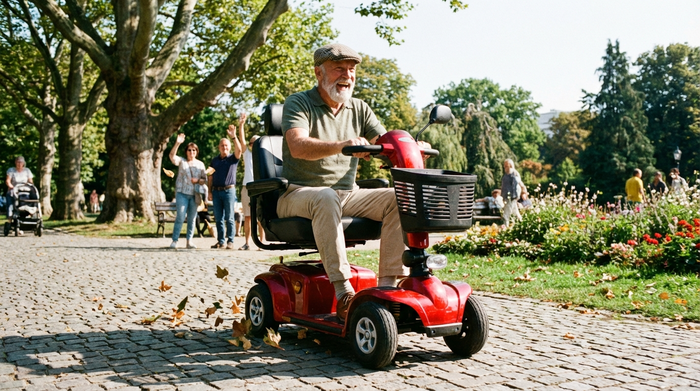 Ein rüstiger Rentner fährt mit einem roten Elektromobil entspannt über einen gepflasterten Weg in einem grünen Park. Sonniges Wetter, Bäume im Hintergrund, dynamische und positive Stimmung.