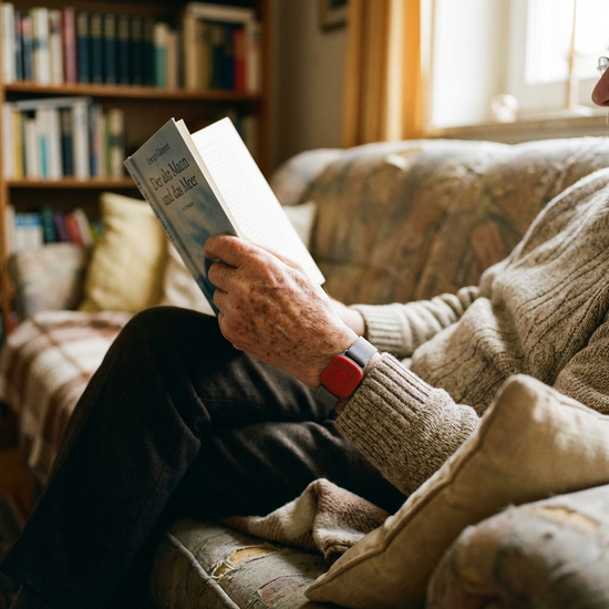 Ein unauffälliger, roter Hausnotruf-Knopf am Handgelenk eines Senioren, der entspannt auf einem Sofa sitzt und ein Buch liest. Detaillierte Nahaufnahme, gemütliches und sicheres Setting.