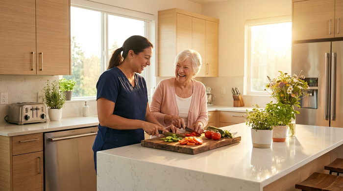 Eine engagierte Betreuungskraft kocht gemeinsam mit einer fröhlichen Seniorin in einer modernen, sauberen Küche. Frisches Gemüse liegt auf dem Holzbrett, warmes Licht und ein harmonisches Miteinander.