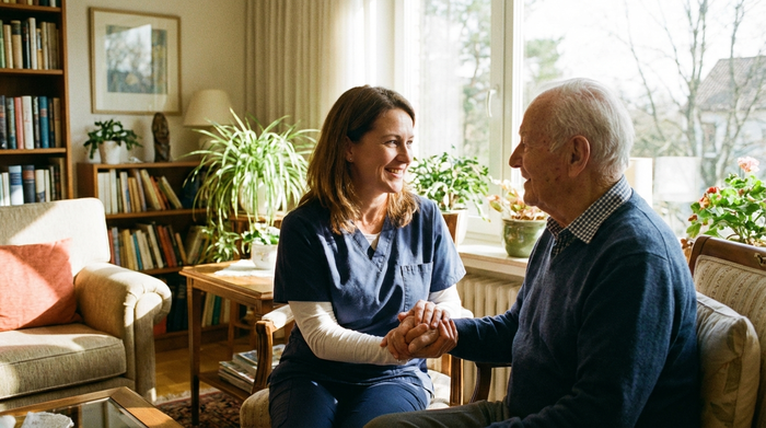 Eine vertrauensvolle Unterhaltung zwischen einer einfühlsamen Pflegekraft und einem Senior im Wohnzimmer. Die Pflegekraft hält behutsam die Hand des Seniors, beide lächeln sich an. Helles Tageslicht, freundliche und respektvolle Ausstrahlung.