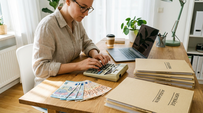 Ein Taschenrechner, einige aufgefächerte Euro-Scheine und ordentliche Dokumentenmappen auf einem hellen Schreibtisch. Eine Person tippt konzentriert auf den Rechner. Fokussierte, aufgeräumte Szene im Home-Office.