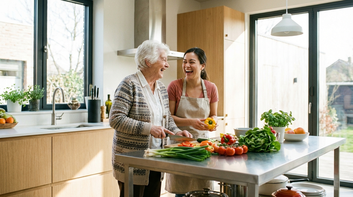 Zwei Frauen, eine ältere Seniorin und eine jüngere Betreuungskraft, stehen gemeinsam in einer modernen, hellen Küche. Sie schneiden frisches Gemüse für das Mittagessen und lachen herzlich miteinander.