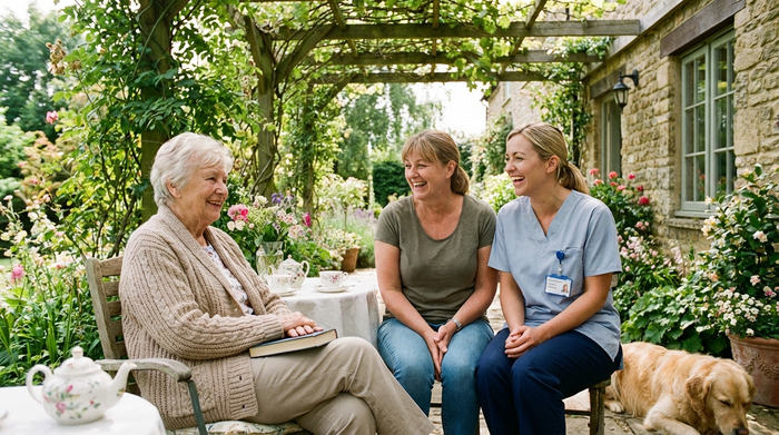Ein harmonisches Bild einer älteren Frau, die entspannt auf einer Gartenterrasse sitzt. Neben ihr stehen eine liebevolle Alltagsbetreuerin und eine examinierte Pflegekraft, die sich freundlich austauschen.