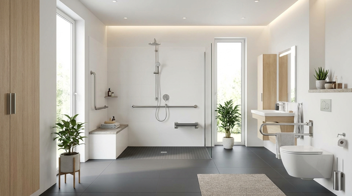 Ein modernes, helles und komplett barrierefreies Badezimmer. Es verfügt über eine großzügige, bodengleiche Dusche, elegante Haltegriffe an den Wänden und rutschfeste, anthrazitfarbene Bodenfliesen.